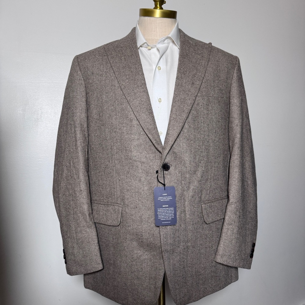 Bespoke Sport Coat‎ Mens 44R Brown Herringbone Wool Two Button Blazer